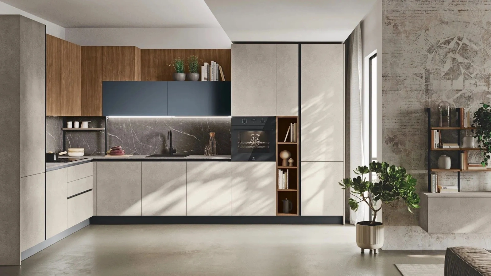 Cucina Moderna angolare Art-Kaya 06 in materico cemento di Stosa