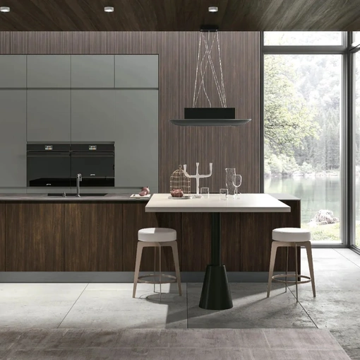 Cucina Moderna con isola Karma 08 in Rovere Corteccia e laccato Timo di Stosa