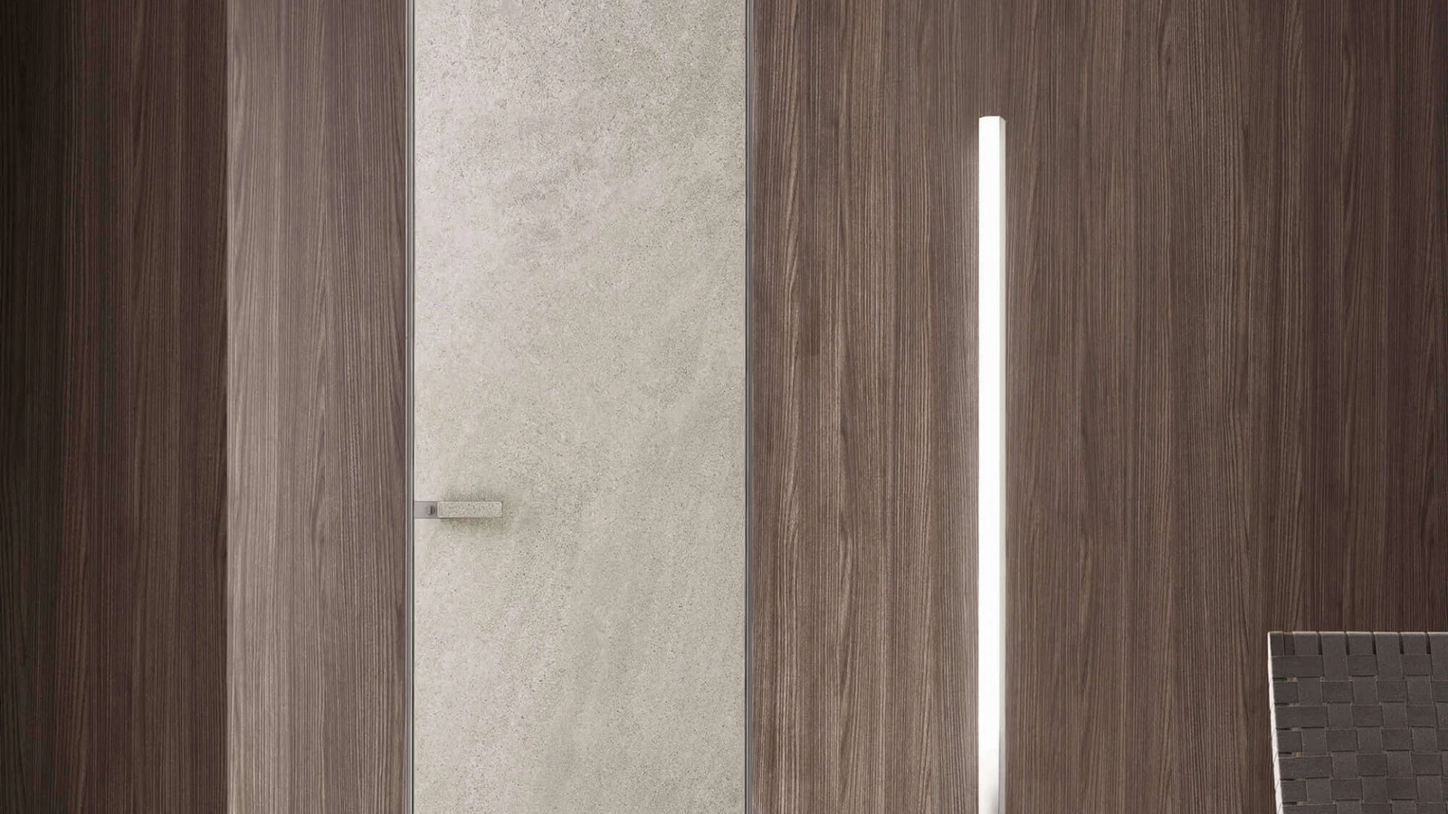 Porta a filo muro per interni Moon in finitura gres crema con struttura in alluminio finitura Platino di Rimadesio